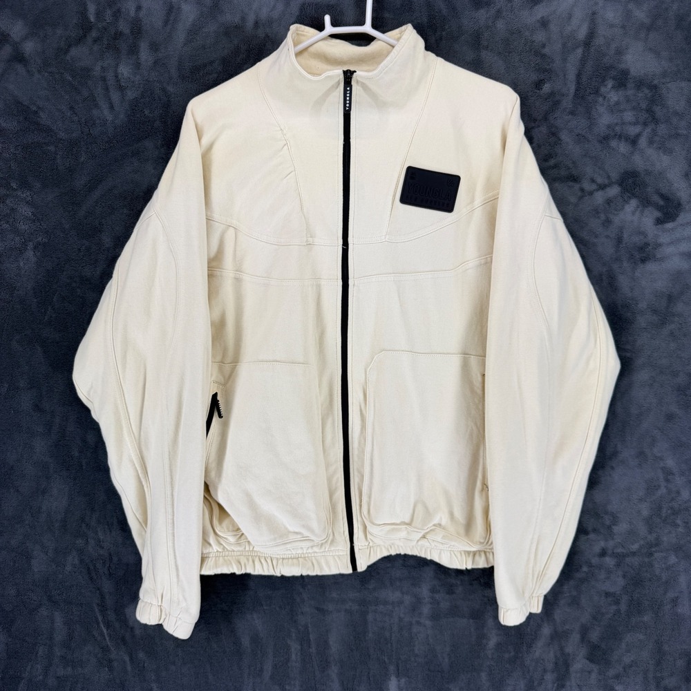YoungLA Mens Full Zip Track Jacket Cream Off‎ White MMXIV Logo Large